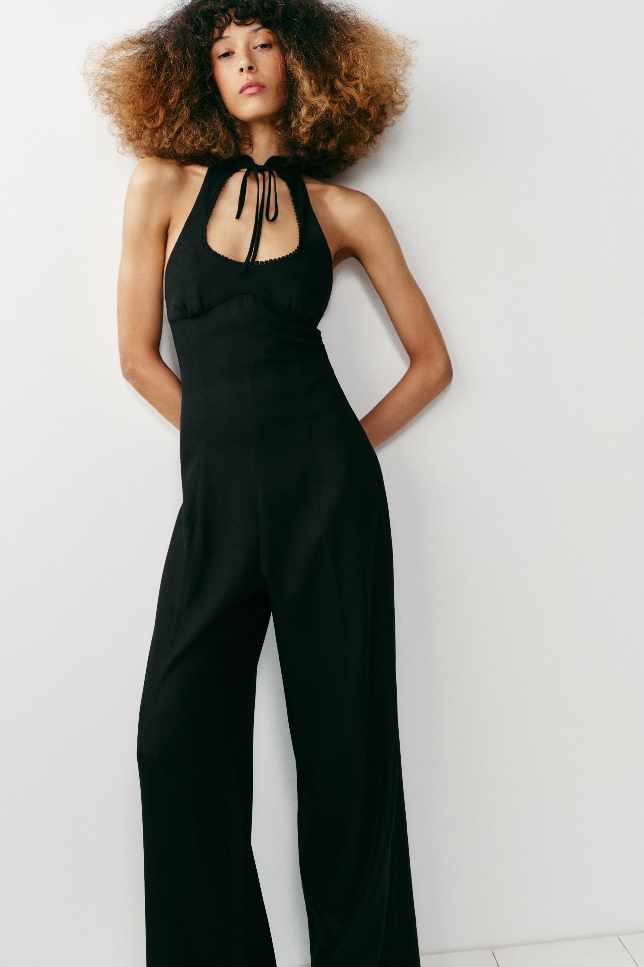 LINEN BLEND WIDE-LEG HALTER JUMPSUIT